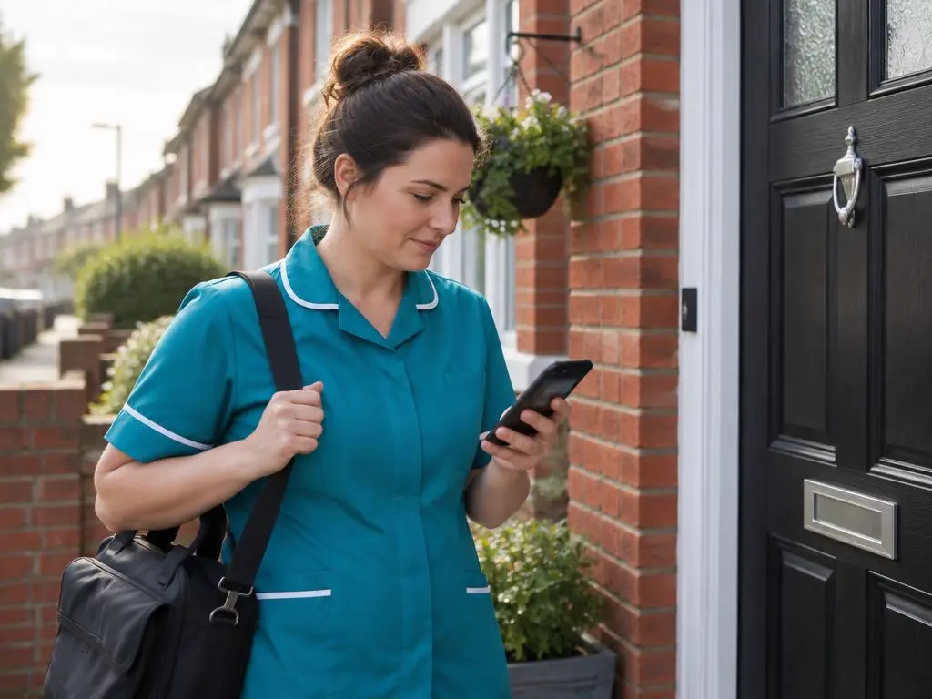 Home carer checking her work phone before a visit