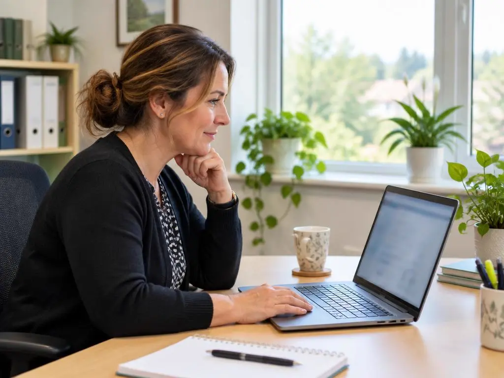 Care office manager reviewing information securely on a laptop