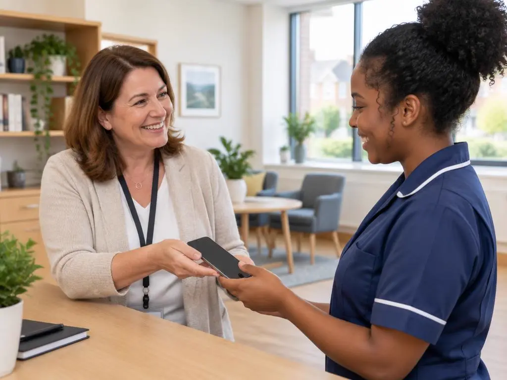 Care manager giving a new carer their work phone