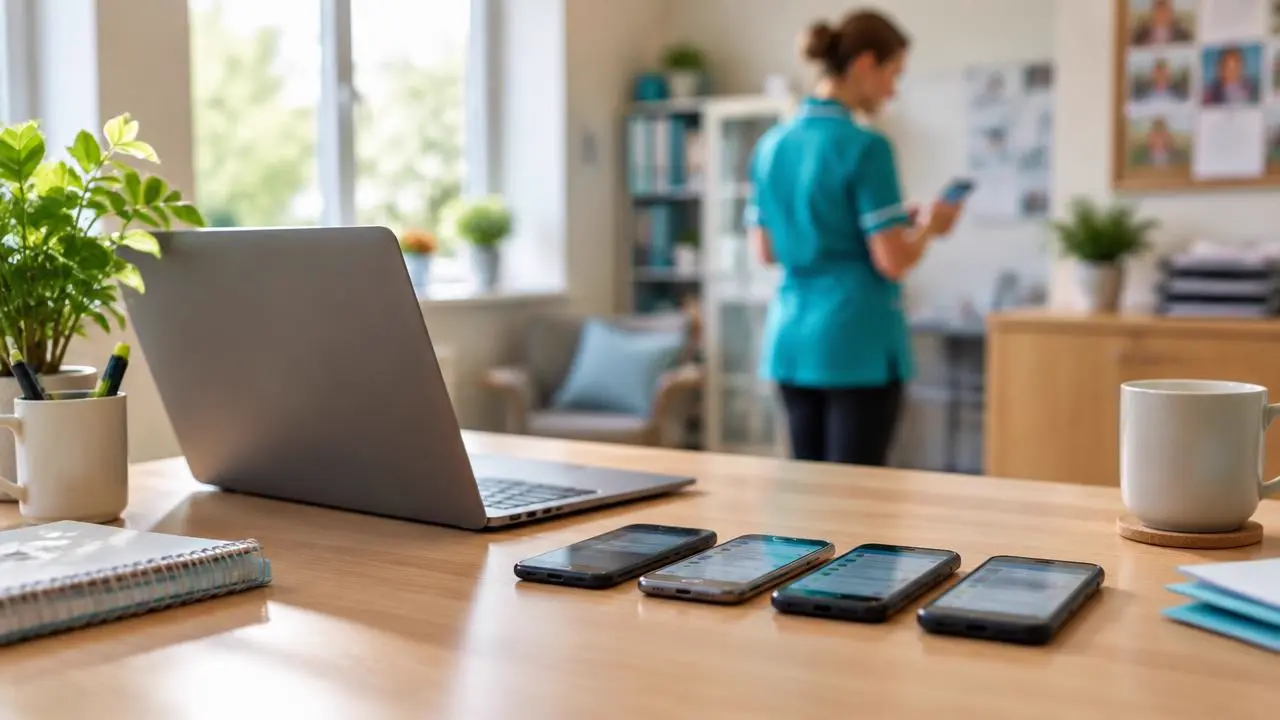 Laptop and work phones set up for a care team