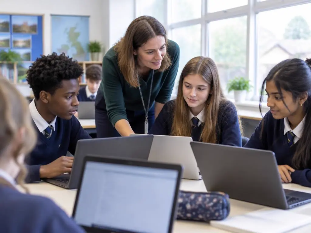 Teacher supporting students using laptops in class