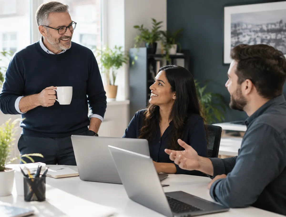Business owner talking with their team in a bright office