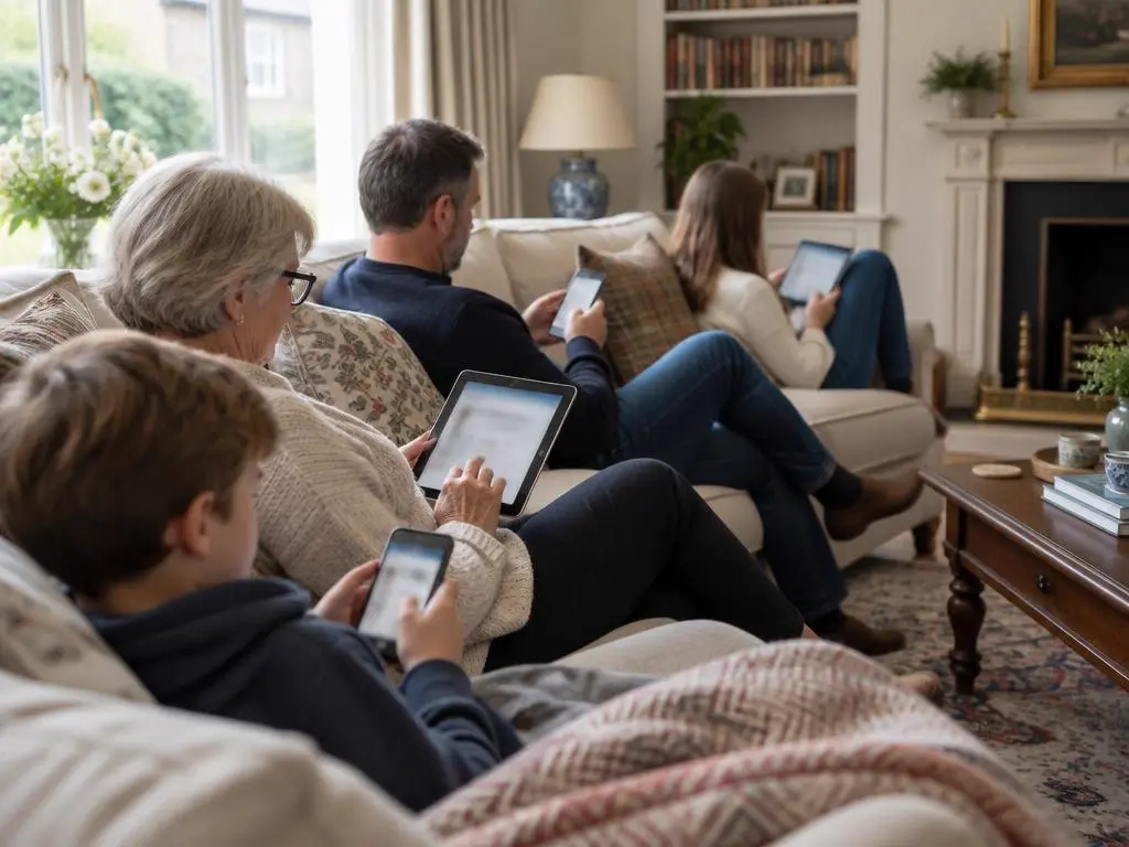 Family using their devices at home